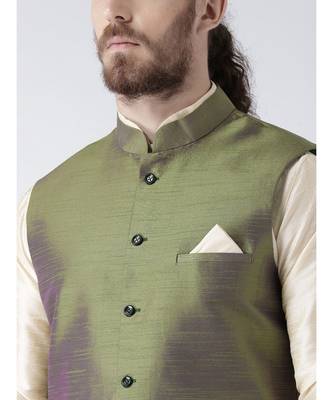 Green & Cream Color Dupion Silk Kurta Jacket Set 5