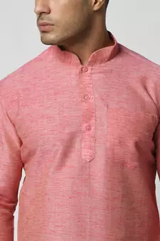 Cotton Coral Pink Color Short Kurta for Men