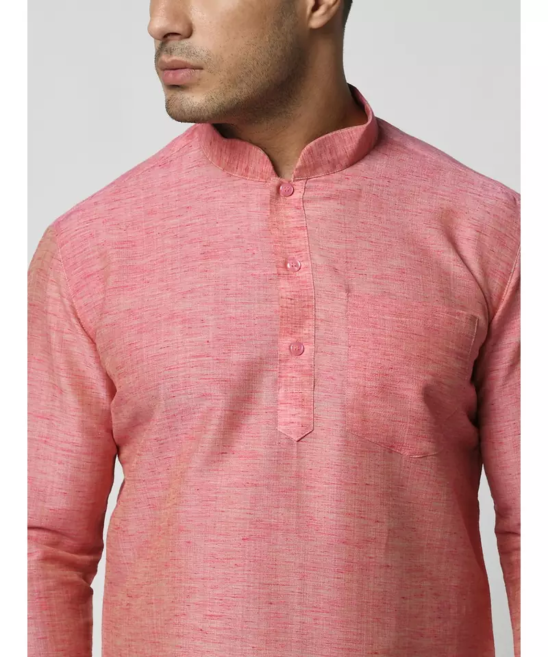 Cotton Coral Pink Color Short Kurta for Men