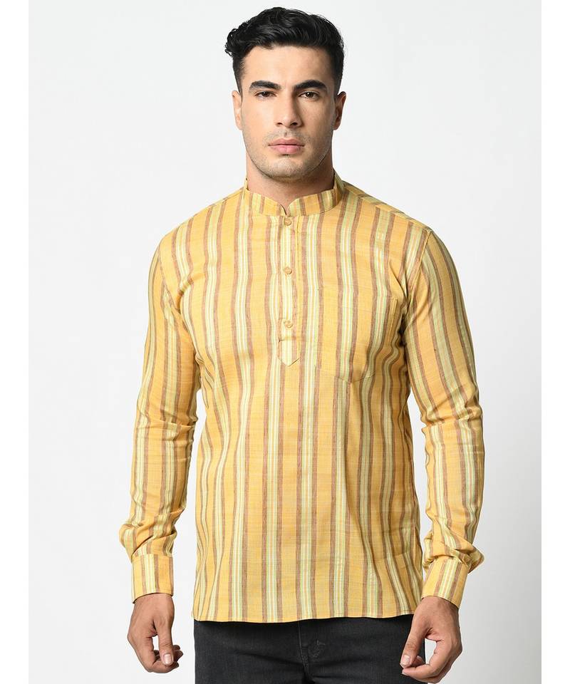 Cotton Yellow Color Short Kurta for Men