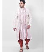 PLUS Dupion Silk  Printed Off White Color Kurta with Patiala set for Men