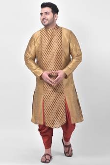PLUS Dupion Silk  Printed Brown Color Kurta with Patiala set for Men