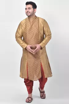 PLUS Dupion Silk  Printed Brown Color Kurta with Patiala set for Men