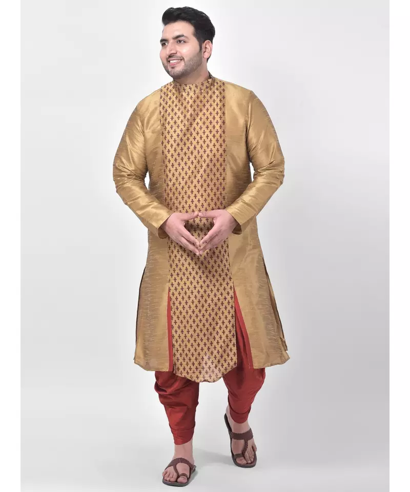 PLUS Dupion Silk  Printed Brown Color Kurta with Patiala set for Men