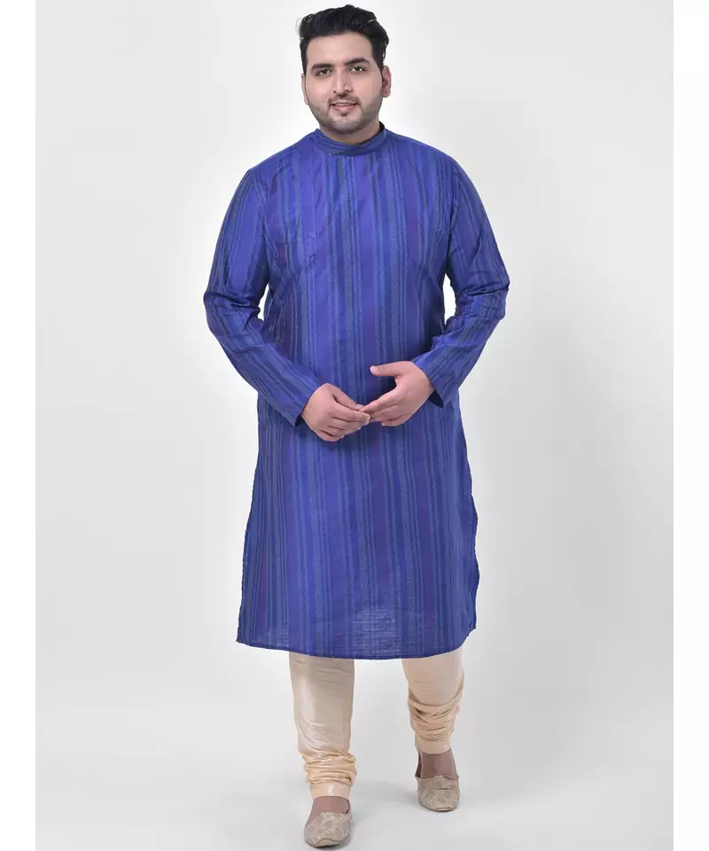 PLUS Jacquard Silk Royal Blue Color Kurta And Churidar Set for Men