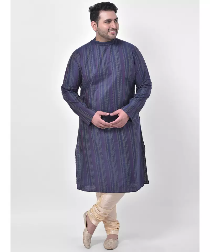 PLUS Jacquard Silk Navy Blue Color Kurta And Churidar Set for Men