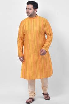 PLUS Jacquard Silk Yellow Color Kurta And Churidar Set for Men