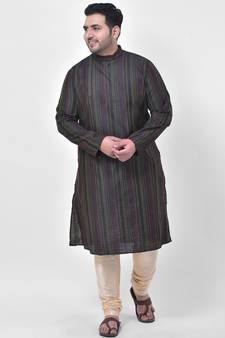 PLUS Jacquard Silk Black Color Kurta And Churidar Set for Men