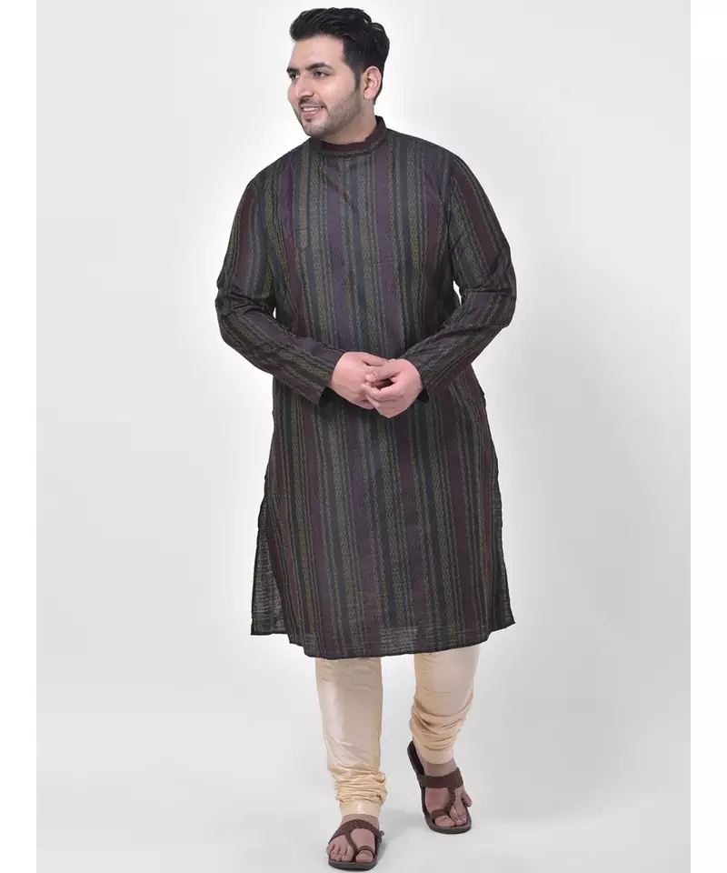 PLUS Jacquard Silk Black Color Kurta And Churidar Set for Men