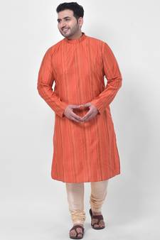 PLUS Jacquard Silk Orange Color Kurta And Churidar Set for Men