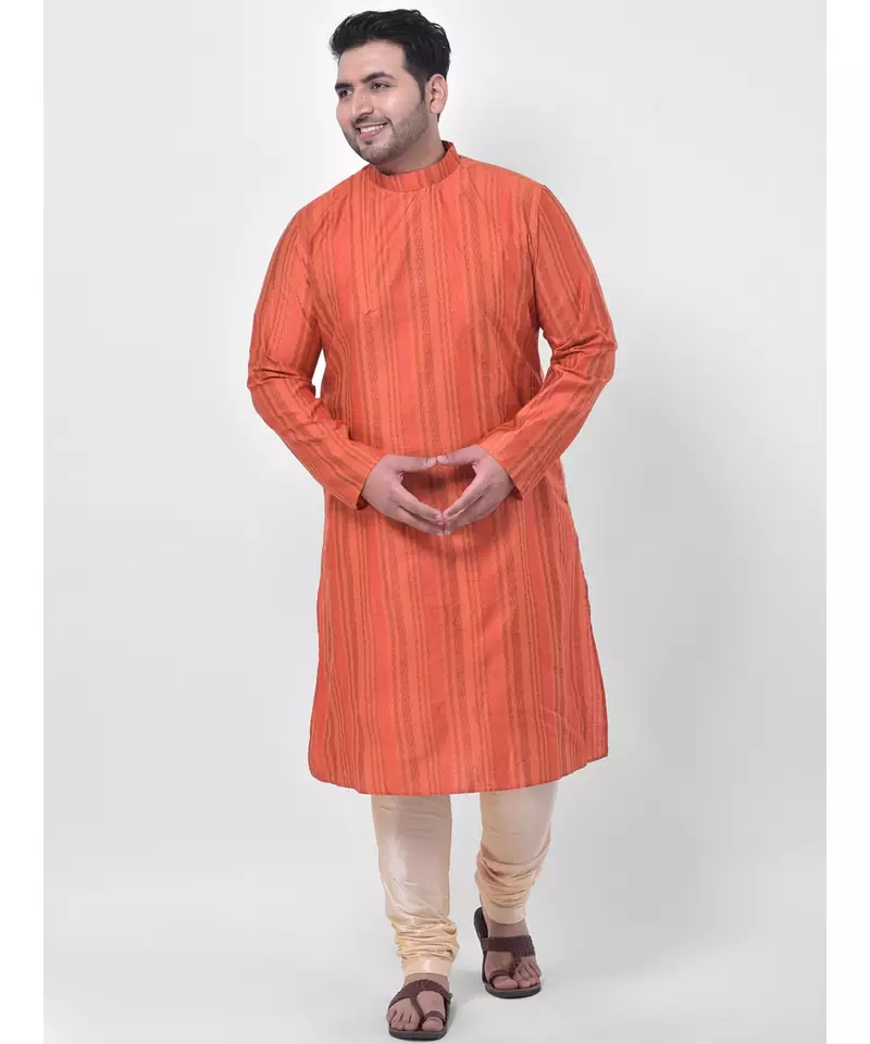 PLUS Jacquard Silk Orange Color Kurta And Churidar Set for Men