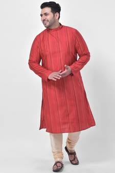 PLUS Jacquard Silk Red Color Kurta And Churidar Set for Men