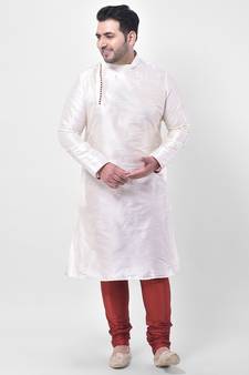PLUS Dupion Silk Off White Color Kurta And Churidar Set for Men