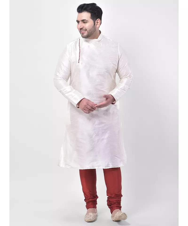 PLUS Dupion Silk Off White Color Kurta And Churidar Set for Men