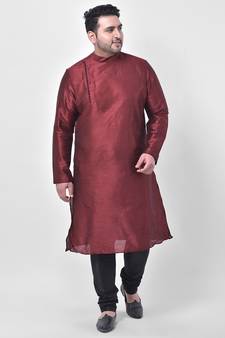 PLUS Dupion Silk Maroon Color Kurta And Churidar Set for Men