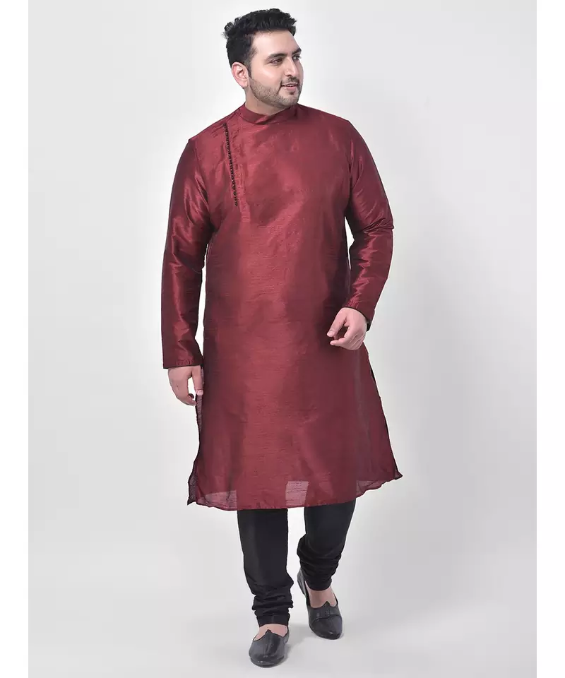PLUS Dupion Silk Maroon Color Kurta And Churidar Set for Men