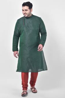 PLUS Dupion Silk Deep Green Color Kurta And Churidar Set for Men