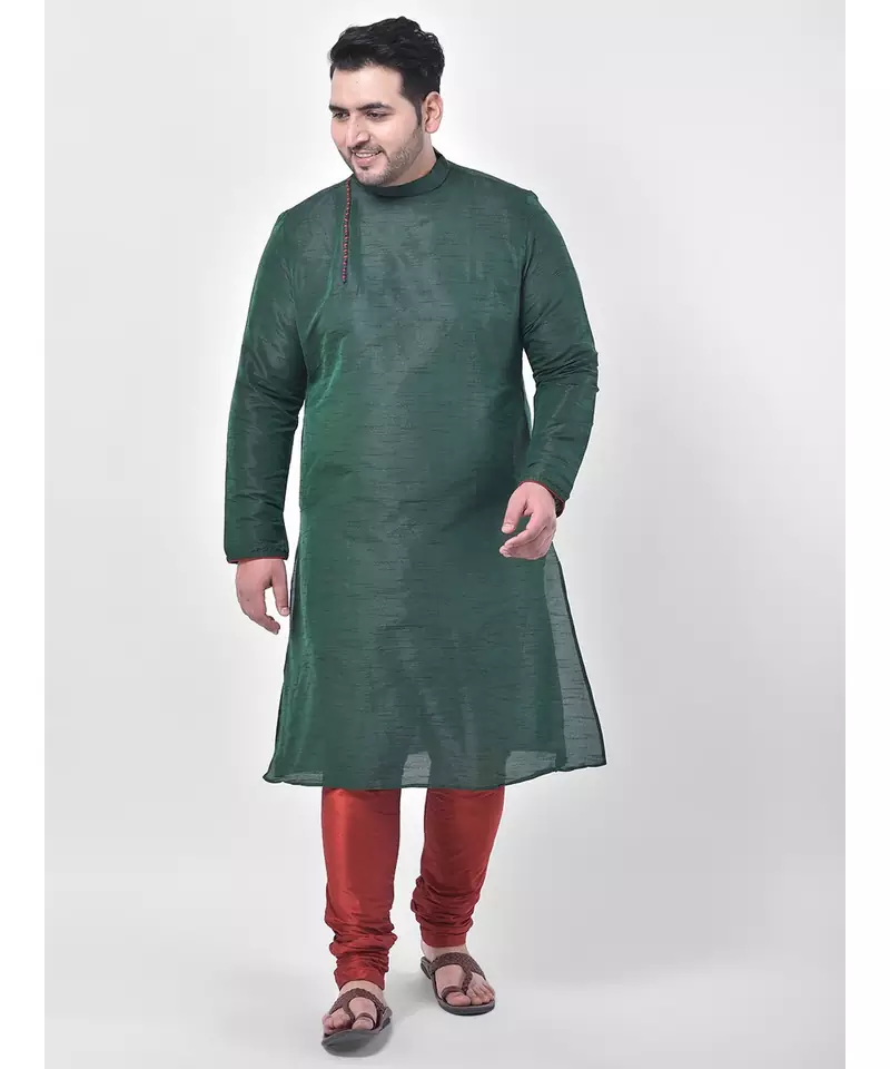 PLUS Dupion Silk Deep Green Color Kurta And Churidar Set for Men
