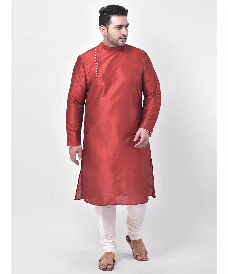 PLUS Dupion Silk Red Color Kurta And Churidar Set for Men