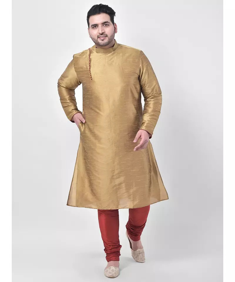 PLUS Dupion Silk Brown Color Kurta And Churidar Set for Men