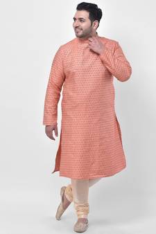 PLUS Jacquard Cotton Orange Color Kurta And Churidar Set for Men