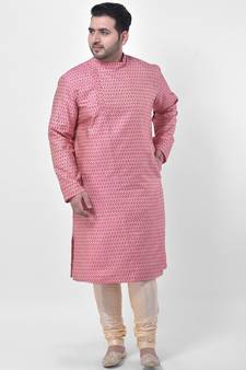 PLUS Jacquard Cotton Coral Pink Color Kurta And Churidar Set for Men
