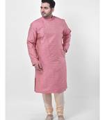 PLUS Jacquard Cotton Coral Pink Color Kurta And Churidar Set for Men