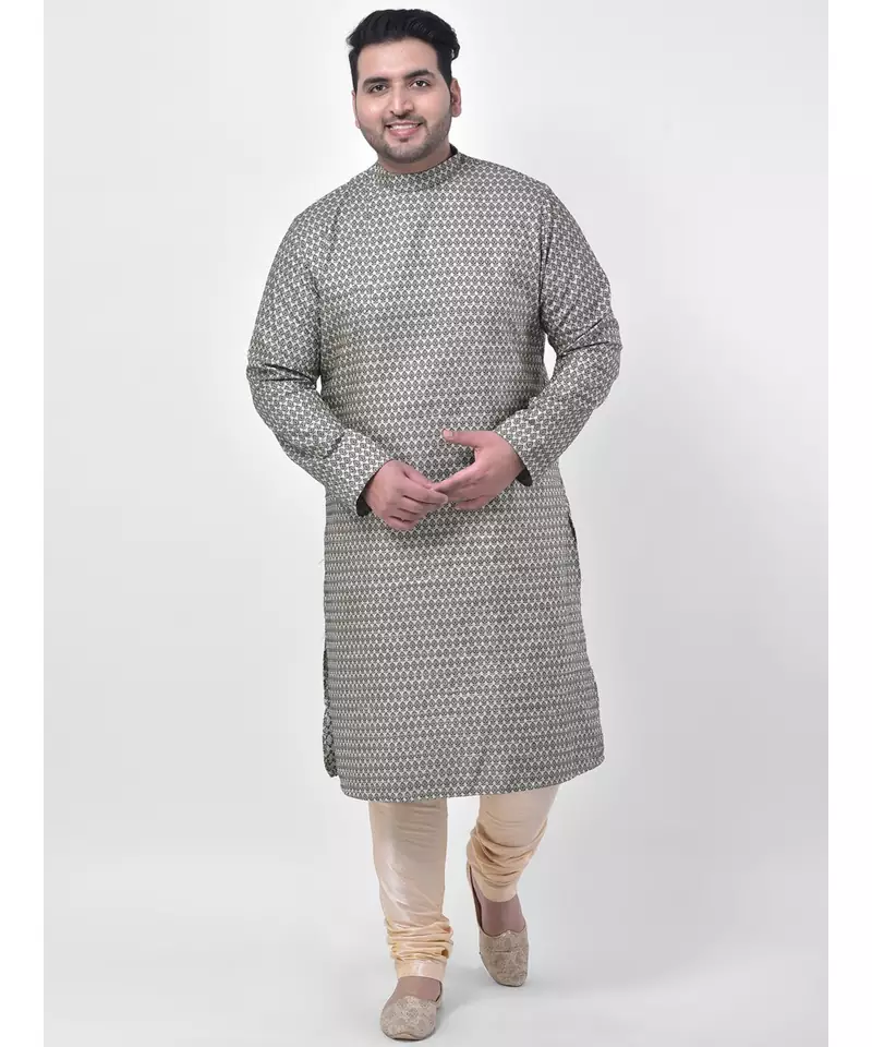 PLUS Jacquard Cotton Deep Green Color Kurta And Churidar Set for Men