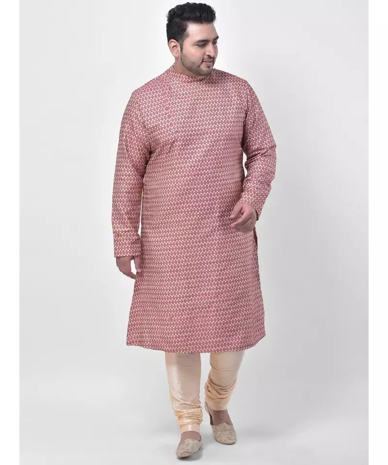 PLUS Jacquard Cotton Red Color Kurta And Churidar Set for Men