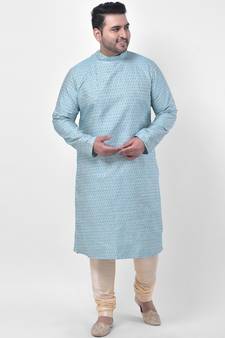 PLUS Jacquard Cotton Blue Color Kurta And Churidar Set for Men