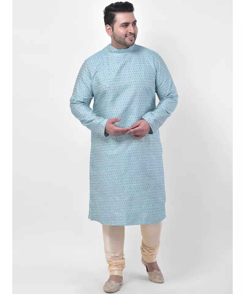 PLUS Jacquard Cotton Blue Color Kurta And Churidar Set for Men