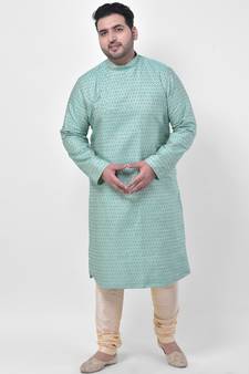 PLUS Jacquard Cotton Green Color Kurta And Churidar Set for Men