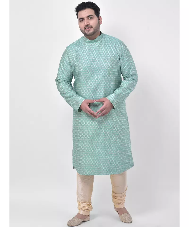 PLUS Jacquard Cotton Green Color Kurta And Churidar Set for Men