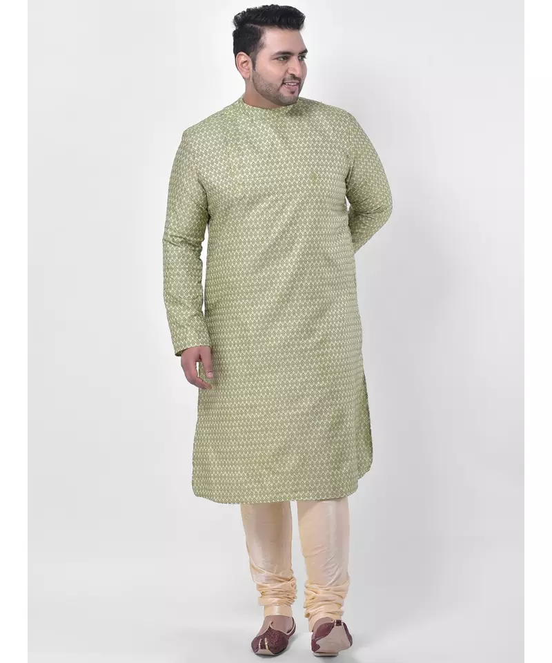 PLUS Jacquard Cotton Green Color Kurta And Churidar Set for Men