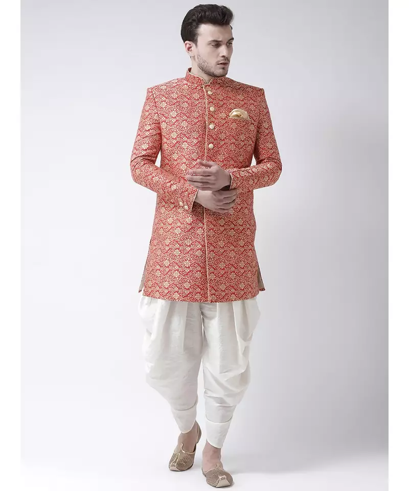 Jacquard Silk Red Color Sherwani with Patiala set