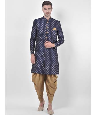 Dupion Silk Printed Navy Blue Color Sherwani with Patiala set 1