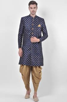 Dupion Silk Printed Navy Blue Color Sherwani with Patiala set