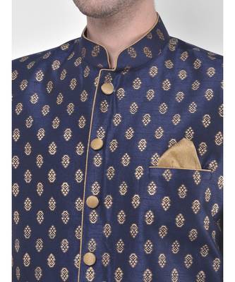 Dupion Silk Printed Navy Blue Color Sherwani with Patiala set 5