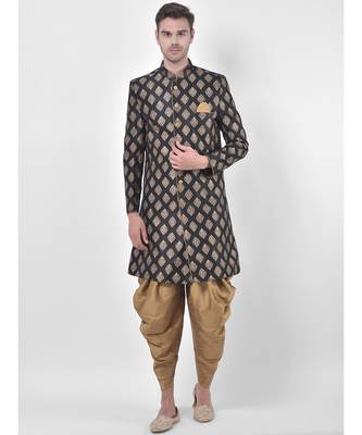 Dupion Silk Printed Black Color Sherwani with Patiala set 1