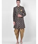 Dupion Silk Printed Black Color Sherwani with Patiala set
