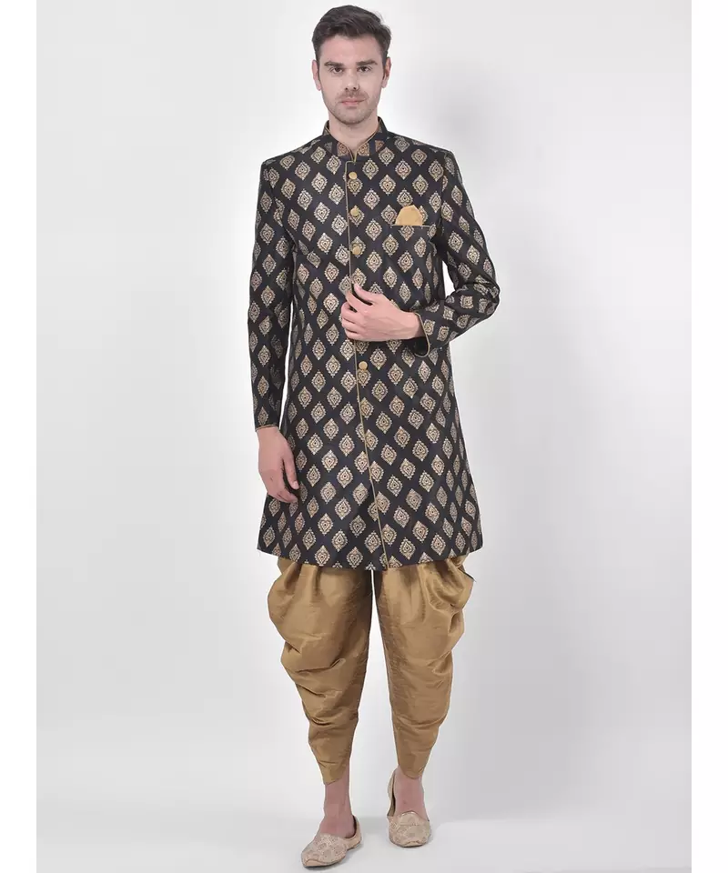 Dupion Silk Printed Black Color Sherwani with Patiala set