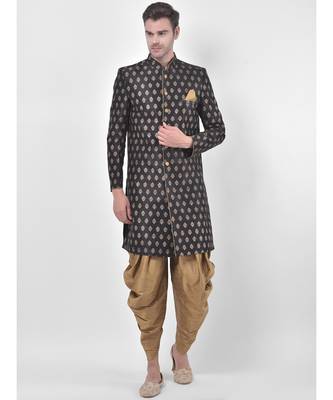 Dupion Silk Printed Black Color Sherwani with Patiala set 1