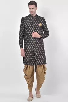 Dupion Silk Printed Black Color Sherwani with Patiala set