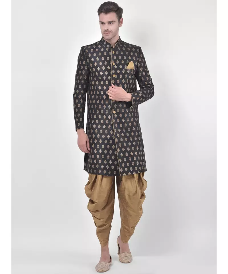 Dupion Silk Printed Black Color Sherwani with Patiala set