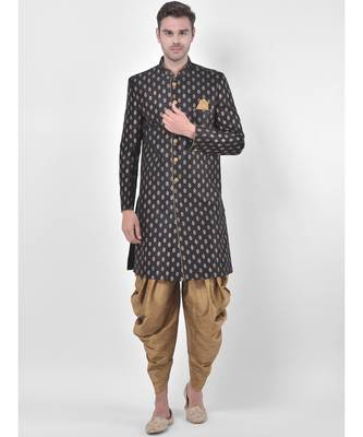 Dupion Silk Printed Black Color Sherwani with Patiala set 1