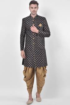 Dupion Silk Printed Black Color Sherwani with Patiala set