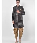 Dupion Silk Printed Black Color Sherwani with Patiala set
