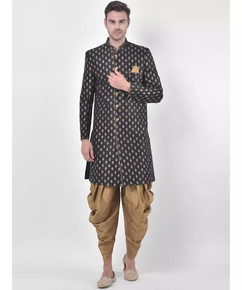 Dupion Silk Printed Black Color Sherwani with Patiala set