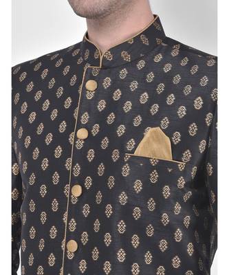 Dupion Silk Printed Black Color Sherwani with Patiala set 5