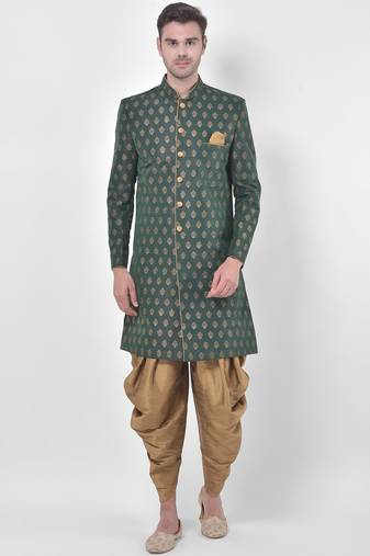 Dupion Silk Printed Deep Green Color Sherwani with Patiala set